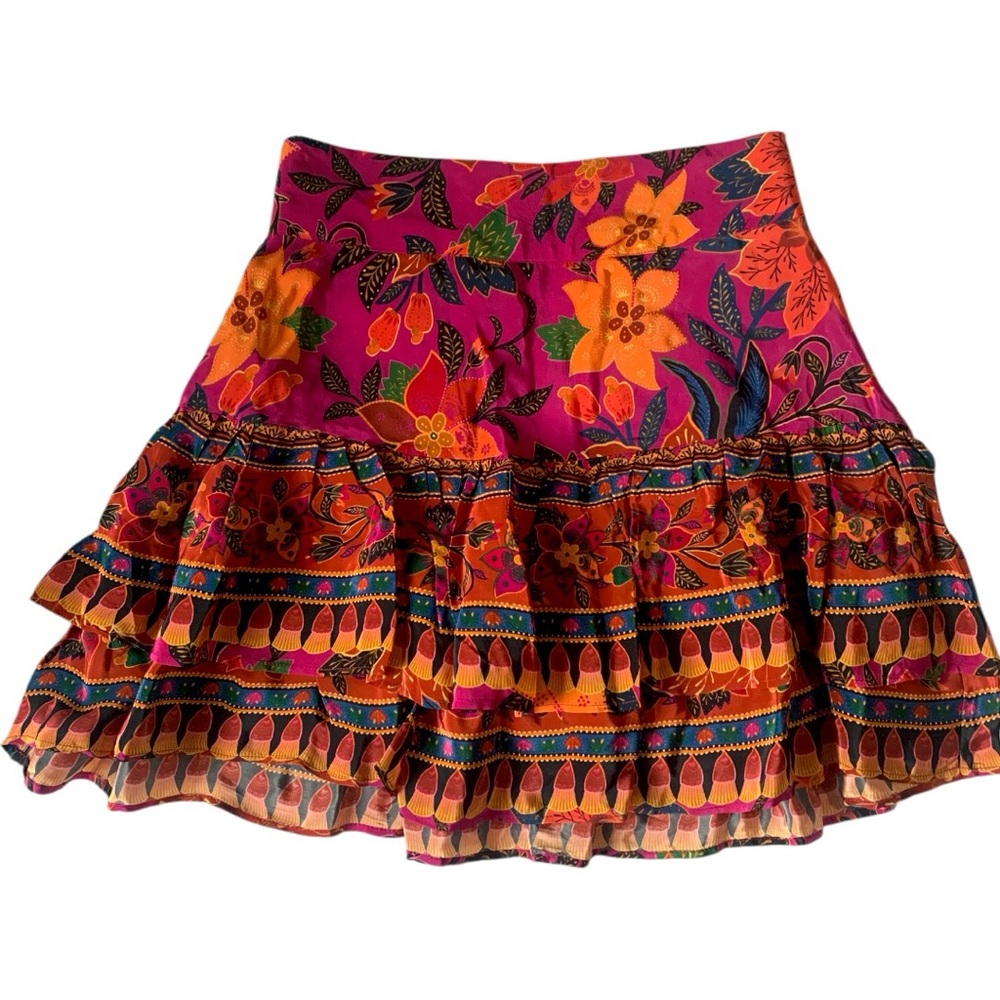 FARM Rio Tropical Tapestry Vibrant Pink Mini Skirt Ruffle Tiered Flowy XS NWOT